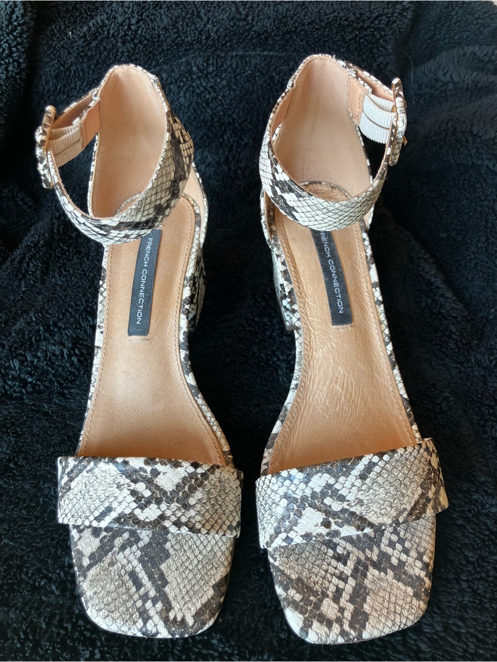 French Connection Snake-Print Ankle Strap Heels in Black and Cream